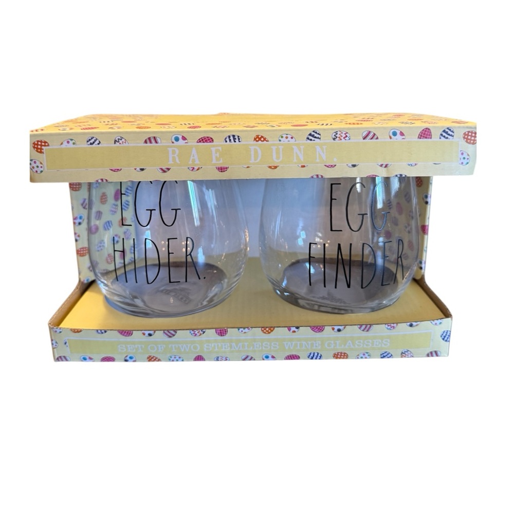 Rae Dunn 'Egg Finder' Stemless Wine Glasses - Clear with Black Text